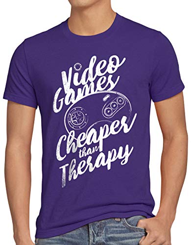 style3 Video Game Therapy Camiseta para Hombre T-Shirt Gamer Classic Retro videoconsola Sonic Drive, Talla:XL, Color:Morado