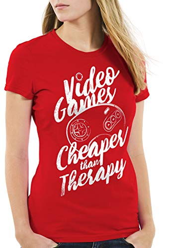 style3 Video Game Therapy Camiseta para Mujer T-Shirt Gamer Classic Retro videoconsola Sonic Drive, Color:Rojo, Talla:XL