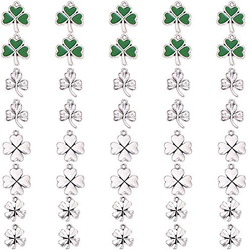 SUNNYCLUE 1 Caja 40 Piezas 4 Estilos Rugby Green Shamrock Trébol de Cuatro Hojas Lucky Charms St Patrick's Day Fabricación de Joyas Accesorios, Sin Plomo Y Níquel Y Cadmio, Plata Antigua