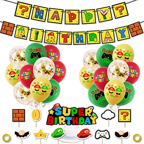 Super Mario Decoración para Fiestas de Cumpleaños con Globos Banderín Feliz Cumpleaños Tarjetas de Tarta Adornos de Casa para Fiestas