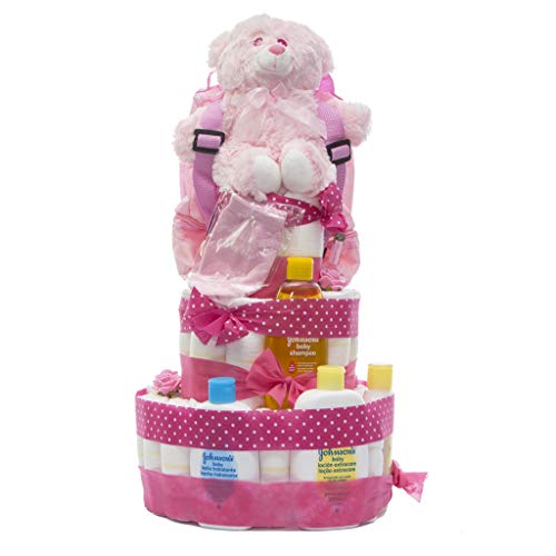 Tarta de pañales DODOT y Neceser Johnson's baby 3 pisos niña - Regalo original para recién nacido Tarta de pañales DODOT y Neceser Johnson's baby 3 pisos niña - Regalo original para recién nacido