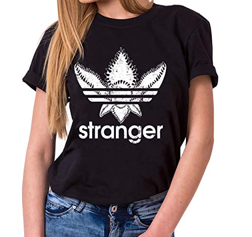 Tee Kiki Stranger - Camiseta para Mujer de Cuello Redondo Things Demogorgon Elfie Dustin Jane Hopper Upside Down TV BLU-Ray DVD, Farbe2:Negro, Größe2:Medium
