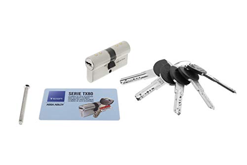 Tesa Assa Abloy, TX853040N, Cilindro de Alta Seguridad, TX80, Doble Embrague, Leva Larga, Llave - Llave, Niquelado, 30 x 40 mm