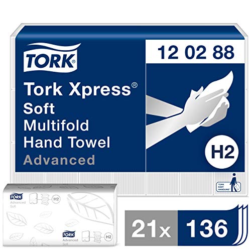 Tork 120288 Toallas de mano Tork Xpress / Toallitas secamanos Advanced entreplegadas suaves y absorventes compatibles con el sistema de Tork H2, blanco brillante