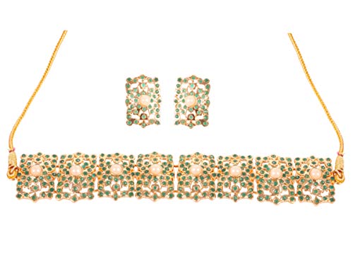 Touchstone New Indian Bollywood Mughal Era Inspired Mesh Work Faux Pearls Emerald Studded Look Designer Jewelry Chicpatti Necklace Set In Gold Tone For Women.