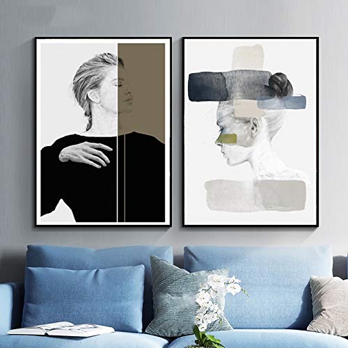 UIOLK Moderno Estilo nórdico Abstracto Personaje Blanco y Negro Lienzo Pintura Mural Dormitorio Sala de Estar decoración del hogar Mural