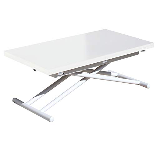 Up-Down, Mesa de Centro Elevable y Extensible, Mesa de Comedor, Mesa Salon, Acabado en Color Blanco, Medidas: 100 cm (Largo) x 57/114 cm (Ancho) x 48/75 cm (Alto)