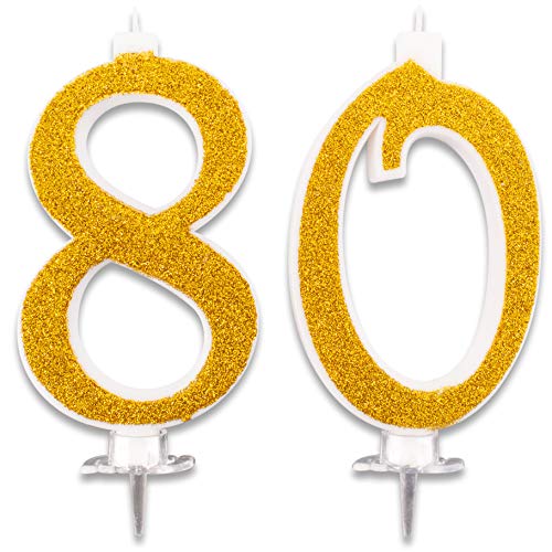 Velas Maxi 80 años para tarta fiesta cumpleaños 80 | Decoraciones Velas Auguri | Ideas de fiesta temáticas | Altura 13 cm dorado brillante