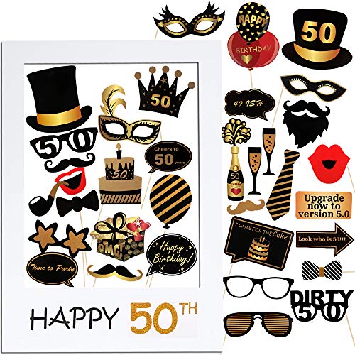 VINFUTUR 50th Cumpleaños Photo Booth Props, 35pcs Photobooth Cumpleaños Accesorios Fotocall para Cabina de Foto Props Fiesta Kit+Marco Photocall Atrezzo para Cumpleaños Decoración DIY (kit 50th)