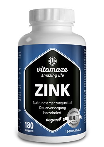 Vitamaze® Zinc Tabletas, 25 mg por Dia, 180 Pastillas Vegano para 12 Meses, la Mejor Biodisponibilidad, Natural Pura Suplemento Alimenticio sin Aditivos Innecesarios, Calidad Alemana