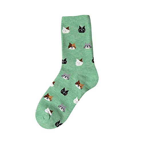 VJGOAL Moda casual para mujer Animal Gato de dibujos animados Imprimir Calcetines cómodos de algodón transpirable(Un tamaño,Verde)