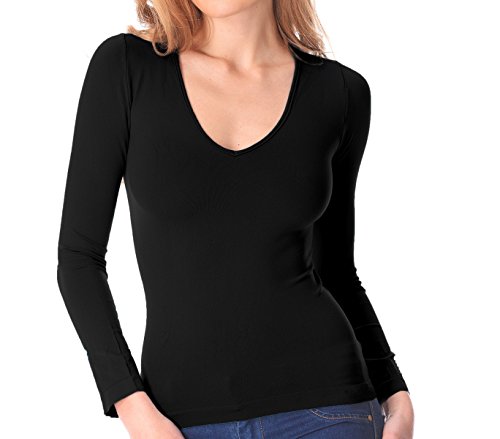 VKA25 Camiseta térmica para mujer interior de felpa cuello en forma V slim fit - Negro, M-L