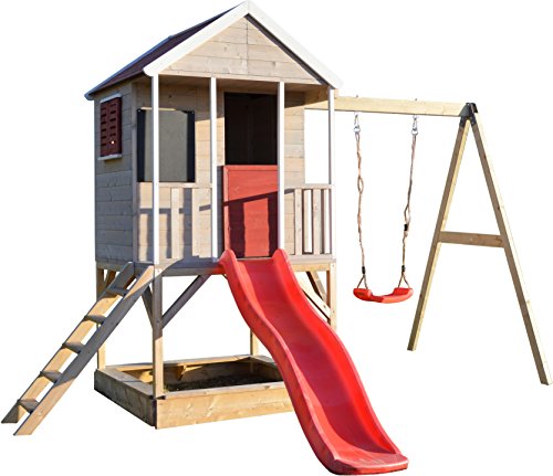 Wendi Toys M9 | Casa de Madera para Jardin | Casa niños con tobogan de plastico y Columpios | Juegos de para Exteriores | Parque Infantil Jardín | Jugar Aire Libre Diversión | 3-7 años
