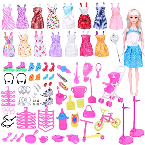 WENTS Accesorios para Ropa de muñecas 114 Piezas Accesorios para Muñecas Dolls Ropa y Zapatos para Dolls Mini Vestidos de Moda para Dolls Perchas y Accesorios de Cocina Regalo de Cumpleaños Niñas