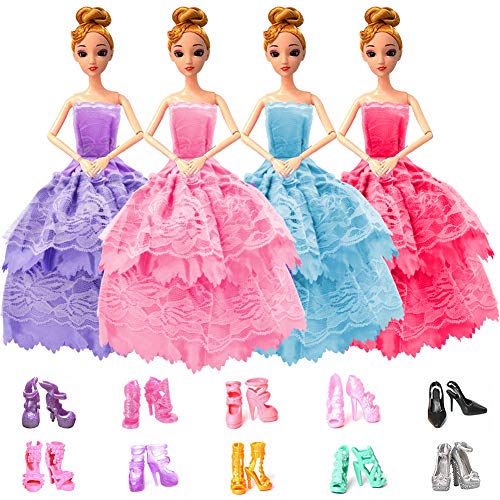 WENTS Accesorios para Ropa de muñecas Ropa y Zapatos para Muñeca Barbie 4 Piezas Moda Vestido de Novia Grande y 10 Pares de Zapatos para Regalo Niña de Cumpleaños Niñas