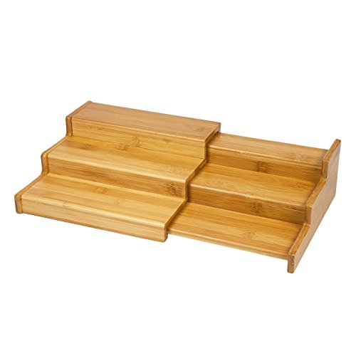 Woodluv - Organizador de estante de almacenamiento para especias de bambú de 3 niveles, extensible, ancho 22cm - 38cm