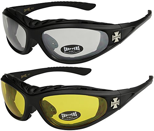 X-CRUZE Choppers - Pack de 2 gafas de sol con acolchado acolchadas hombre mujer moto bici nocturnas - 1x Modelo 02 (negro/casi transparente) y 1x Modelo 03 (negro/amarillo tintado) - Modelo 02 + 03 -