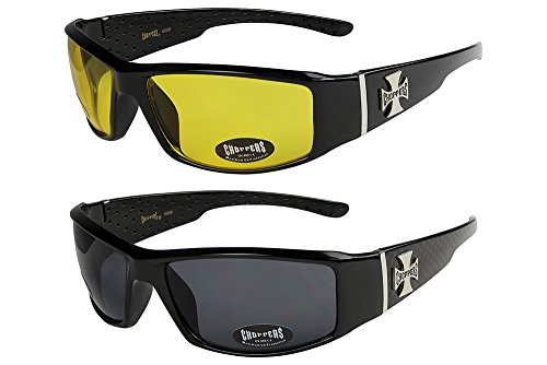 X-CRUZE Choppers - Pack de 2 gafas de sol hombre mujer moto bici lentes - 1x Modelo 12 (negro brillante/amarillo tintado) y 1x Modelo 02 (negro brillante de cuadros/negro tintado) - Modelo 12 + 02 -