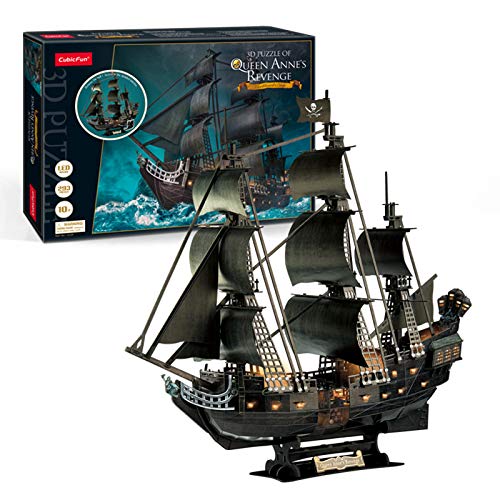 XUEER Puzzle 3D, Queen Anne's Revenge Rompecabezas, 3D Nave Kit de Modelo de Barco Pirata, Grande con Luces LED,Regalo De Construcción para Adultos Y Niños,293 Piezas