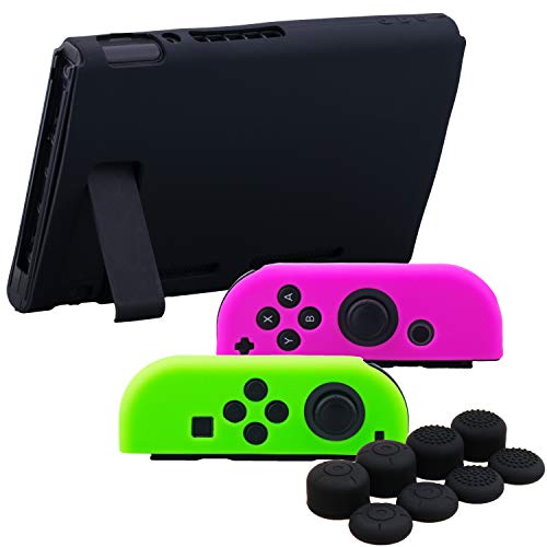 YoRHa Empuñadura Silicona Caso Piel Fundas Protectores Cubierta para Nintendo Switch/NS/NX Joy-Con Mando y Tableta (Rosa Verde Negro) con Joy-Con Los Puños Pulgar Thumb Grips x 8
