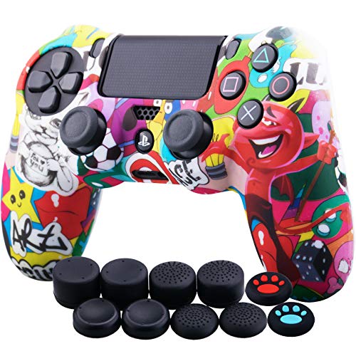 YoRHa Transferencia Agua Impresión Silicona Fundas Protectores Cubierta para Sony PS4/Slim/Pro Dualshock 4 Mando x 1 (Mueca) con Thumb Gripsx 10