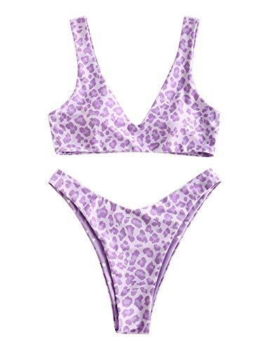 ZAFUL Conjunto de bikini reversible para mujer, cuello en V, corte alto, estampado de leopardo y corazón morado M