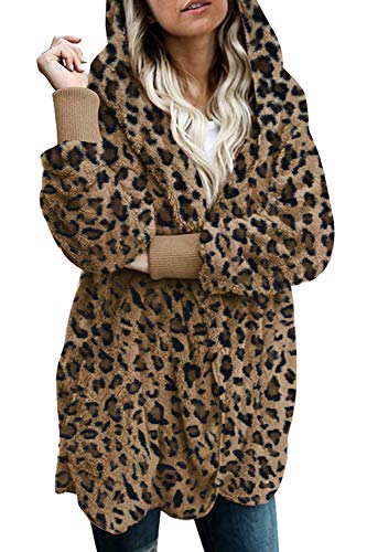 Zilcremo Mujer Lana Chaqueta Cárdigan con Capucha Frente Abierto Abrigo Fleece de Piel Sintética Invierno Leopard M