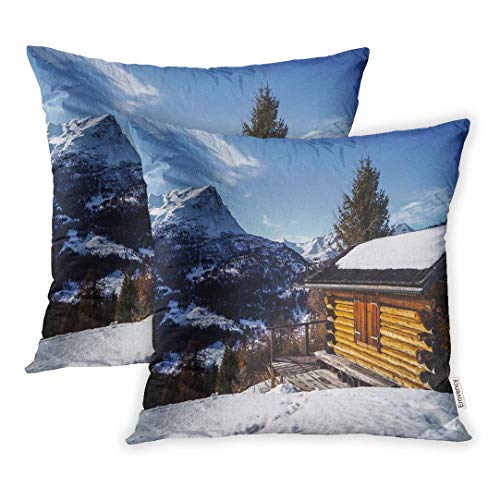 18x18 Inch Decorative Set of 2 Throw Almohadas Cover Blue Log Mountain Cabin in The Alps of Austria Alpine Chalet Square Home Cushion Sofa Two Sides Almohadas Case