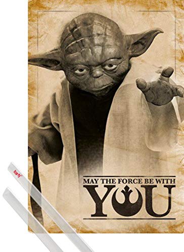 1art1 Star Wars Póster (91x61 cm) Yoda, Que La Fuerza Te Acompañe Y 1 Lote De 2 Varillas Transparentes