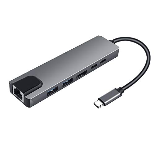 6 en 1 Hub USB C Adaptador de concentrador Tipo C de Aluminio con salida HDMI 4K, Puertos USB, suministro de energía USB C, adaptador multipuerto para Mac-Book Pro, Mac-Book Air 2018/2019