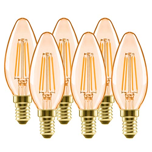 6x Bombillas Vintage Vela LED E14 (Casquillo Fino) 4W, Bombilla Edison Retro de Blanco Cálido 2500K, Lámpara Anatigua con Filamento, Equivalente a 40W, 410lm - LVWIT. 6x Bombillas Vintage Vela LED E14 (Casquillo Fino) 4W, Bombilla Edison Retro de Blanco Cálido 2500K, Lámpara Anatigua con Filamento, Equivalente a 40W, 410lm - LVWIT.