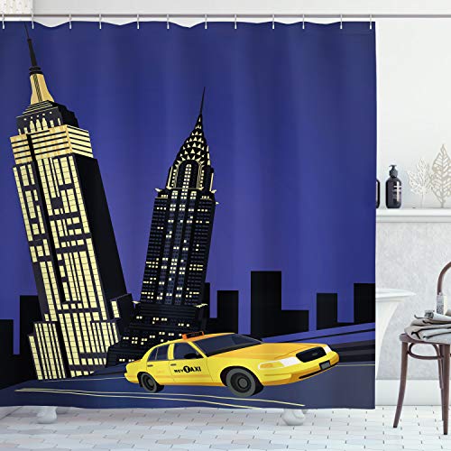 ABAKUHAUS Ciudad Cortina de Baño, Taxi de Nueva York American, Material Resistente al Agua Durable Estampa Digital, 175 x 200 cm, Violeta Azul Negro Amarillo