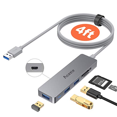 Aceele Hub USB 3.0 con Cable 1.2 m, Ladrón USB de Ultrafino Aluminio de 5Gbps con Micro USB, 3 USB 3.0 y Lectores de Tarjetas SD / Micro SD, para Portátiles, PC, Tarjeta de Memoria, Flsh Drive (Gris)