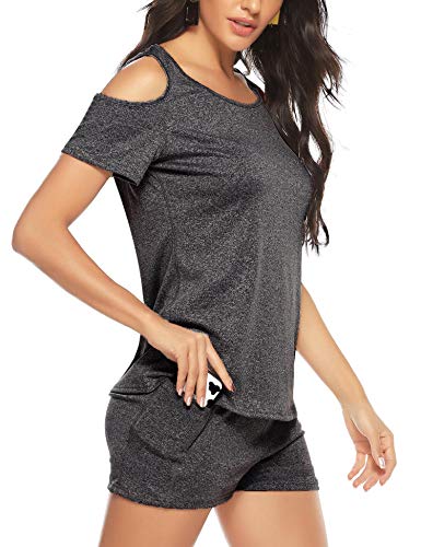 Aibrou Mujer Conjunto de Ropa Deportiva Secado rápido Top y Pantalones Cortos Chandal 2 Piezas Ropa de Fitness para Gimnasio Yoga de Entrenamiento (Gris Oscuro S)