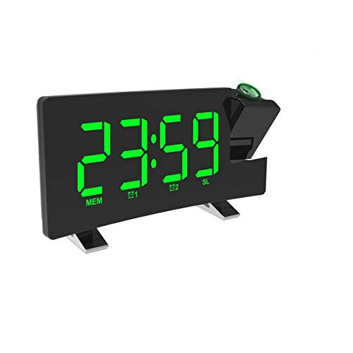 ALLOMN Reloj Despertador de Proyección, Reloj Despertador Digital FM Radio con Pantalla Curva/Proyección de Tiempo/Proyector Ajustable/Posponer/Alarmas Dobles/Puerto de Cargador USB/12/24H (Verde)