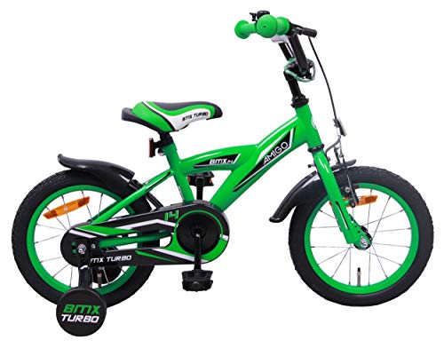 AMIGO BMX Turbo - Bicicleta infantil - 14 pulgadas - Niños - Con ruedas de entrenamiento y freno de montaña - Verde