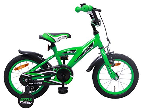 AMIGO BMX Turbo - Bicicleta infantil - 14 pulgadas - Niños - Con ruedas de entrenamiento y freno de montaña - Verde AMIGO BMX Turbo - Bicicleta infantil - 14 pulgadas - Niños - Con ruedas de entrenamiento y freno de montaña - Verde