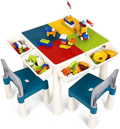 amzdeal Juego de Mesa y 2 Sillas Infantiles Mesa de Bloques para Niños Mesa de Actividades Multiusos con Bloques de partículas Grandes y Pequeños Mesa de Estudio (Partículas Grandes)