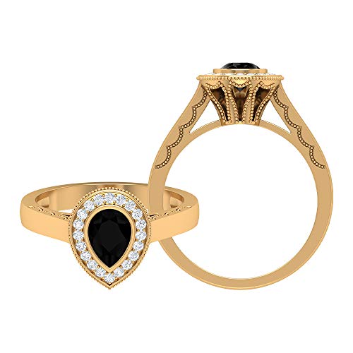 Anillo de ónix negro en forma de pera de 5 x 7 mm, anillo de halo de moissanita D-VSSI, anillo de compromiso vintage (calidad AAA), oro de 10 quilates blanco