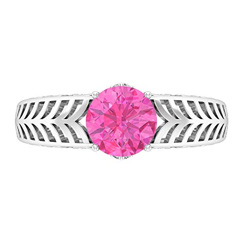 Anillo solitario de zafiro rosa de 7 mm creado en laboratorio, D-VSSI Moissanita, anillo de filigrana de oro macizo (calidad AAAA), oro de 10 quilates blanco Anillo solitario de zafiro rosa de 7 mm creado en laboratorio, D-VSSI Moissanita, anillo de filigrana de oro macizo (calidad AAAA), oro de 10 quilates blanco