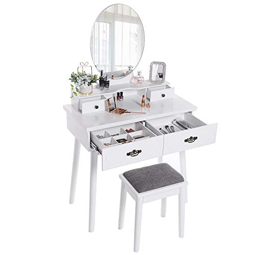 ANWBROAD Tocador Mesa de Maquillaje Belleza Tocador con taburete y espejo de niñas Espejo sin Marco Taburete de Madera de Goma, con 4 cajones, 3 divisores para Dormitorio Vestidor Blanco BDT02W ANWBROAD Tocador Mesa de Maquillaje Belleza Tocador con taburete y espejo de niñas Espejo sin Marco Taburete de Madera de Goma, con 4 cajones, 3 divisores para Dormitorio Vestidor Blanco BDT02W