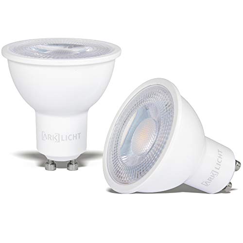 ARK LICHT | Pack de 2 lámparas LED GU10 | CRI 95+ | 6.6W | 600lm | 2700K Blanco Cálido | Regulable | 2 años/20.000 horas garantía | Sin parpadeos | Equivalente a 70W | 45° Ángulo del haz