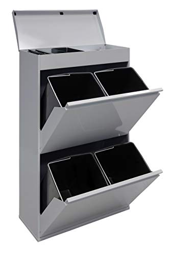 Arregui Top CR622-B Cubo de Basura y Reciclaje de Acero de 2 Cubos con Tapa y Bandeja Superior Multiusos, Gris Claro, 97.5x58.6x24.4