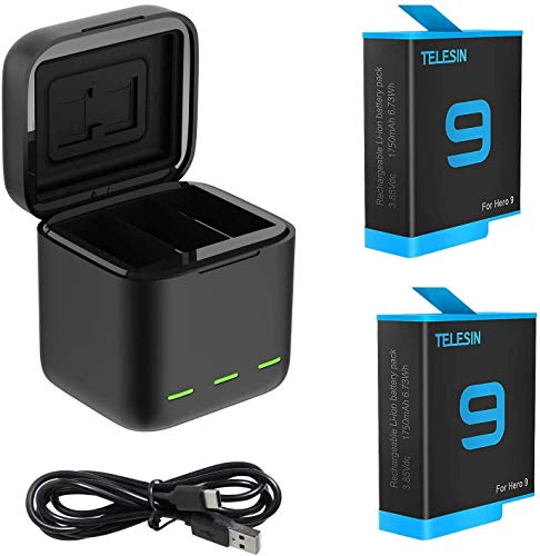 AuyKoo Cargador de Batería de 3 Canales+2 Baterías(1750mAh) para GoPro Hero 9 Black, Batería de Iones de Litio+Organizador de Almacenamiento de Carga con Cable USB tipo C Accesorio para GoPro Hero 9