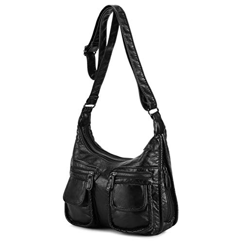 BAIGIO Bolsos de Mujer Bolso de Hombro de Cuero PU Lavadas Suaves para Mujer Gran Capacidad Bolso de Mano con Multitud de Bolsillos con Cremalleras (Negro)