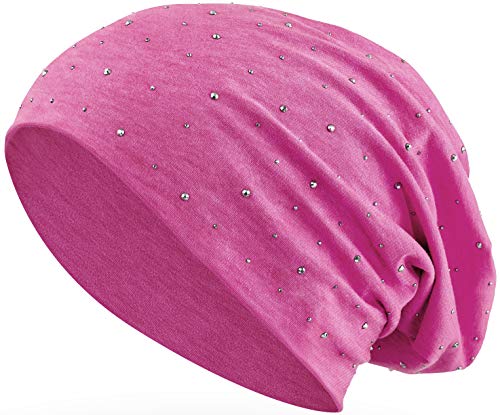 Balinco Jersey de algodón elástico Largo Slouch Beanie Unisex Hombres Mujeres con Diamantes de imitación Piedras Estrella Sombrero de Heather en 35 Colores Diferentes (7) (Rosa-Azul)
