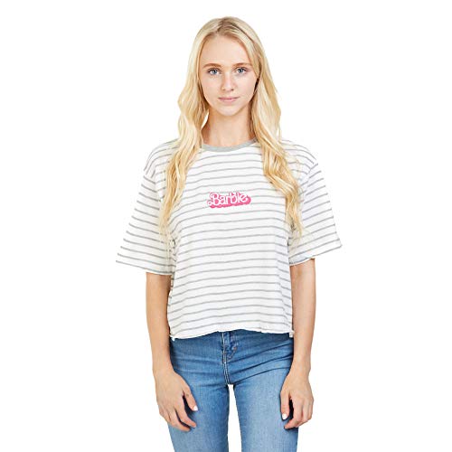 Barbie Logo Camiseta, Raya Gris/Blanca, Grande para Mujer