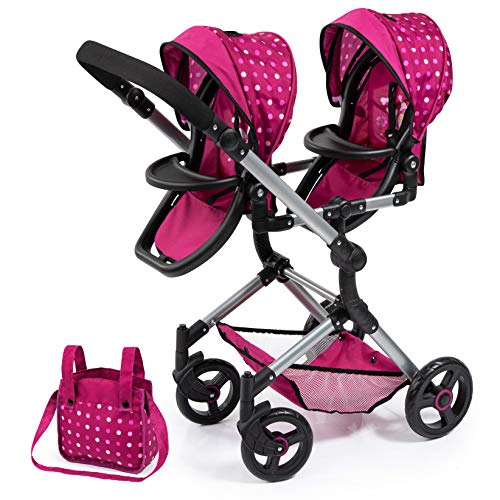 Bayer Design- Cochecito Gemelas, Carrito Paseo para muñecos, Ajustable en Altura, Plegable, con la Bolsa de Bandolera, Compatible con Silla de Coche EasyGo, Color Rojo, Burdeos, Hada (26267AA)