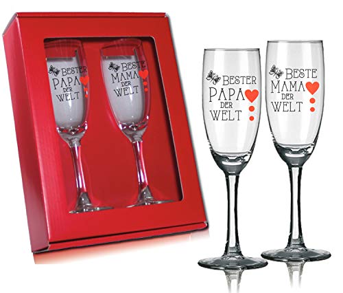 Bester Papa der Welt - Juego de 2 copas de champán (en caja de regalo), diseño con texto "Beste Mama & Bester Papa der Welt"