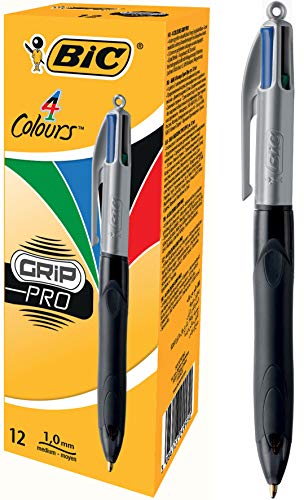 BIC 4 Colores Grip Pro Bolígrafos Retráctiles de Punta Media (1,0 mm) - Caja de 12 unidades, Tinta negra, azul, roja, y verde - ideal para profesionales